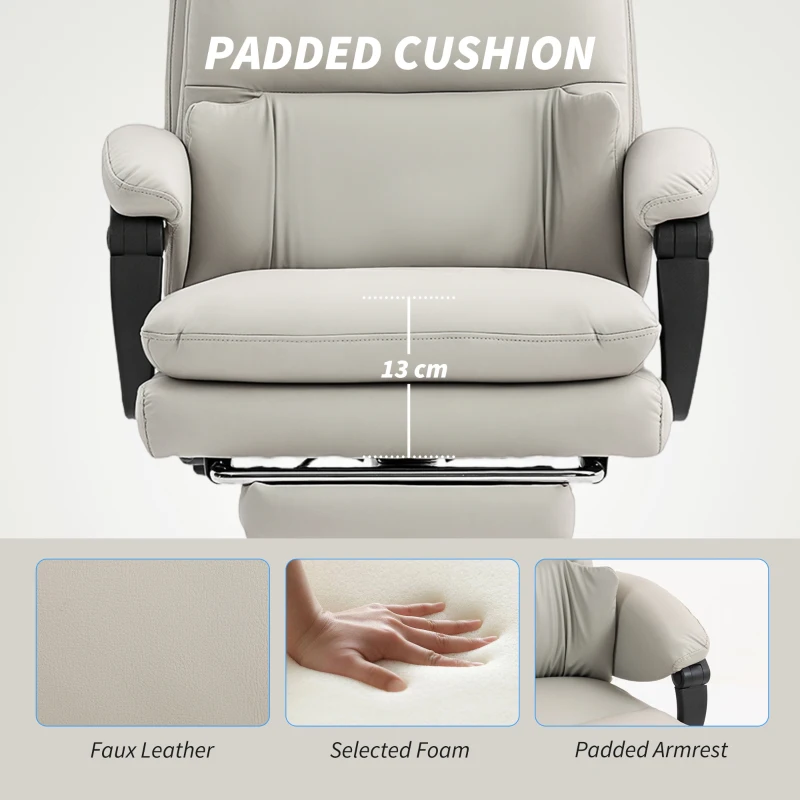 Fotel Biurowy HOMCOM z Podparciem Lędźwi, Podłokietnikami, Podnóżkiem, Regulowany Wysokość, Obity Skórą Ekologiczną, Jasnoszary