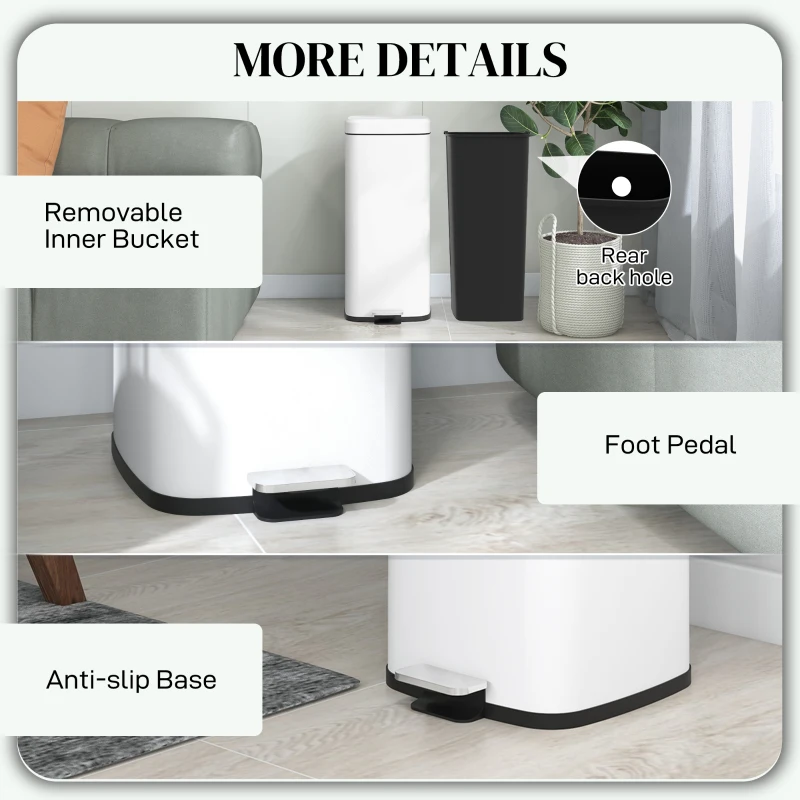 HOMCOM 30 Litre Pedal Bin, Fingerprint Proof Kitchen Bin with Soft-close Lid, Metal Rubbish Bin with Foot Pedal and Removable Inner Bucket, White