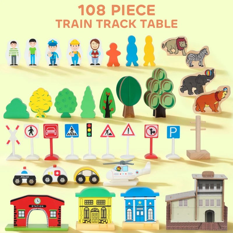 AIYAPLAY Stół Zabaw, 108-elementowy Zestaw Kolejowy z Drewna, Kolejka na Stole z Wyjmowanym Blatem, Stół Kolejowy dla Dzieci od 3 Lat, Niebieski