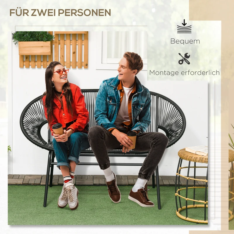 Outsunny Ławka z polirattanu 2-osobowa ławka ogrodowa z rattanu, ławka balkonowa - obciążenie do 260 kg, idealna na taras, balkon, stalowa, kolor czarny