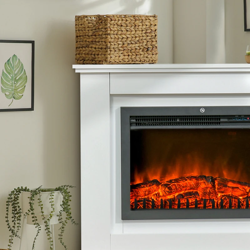 HOMCOM Kominek elektryczny z ogrzewaniem, efekt płomienia LED 3D, 2 poziomy mocy, 2000W, funkcja startu adaptacyjnego, pilot zdalnego sterowania, timer, ochrona przed przegrzaniem, biały