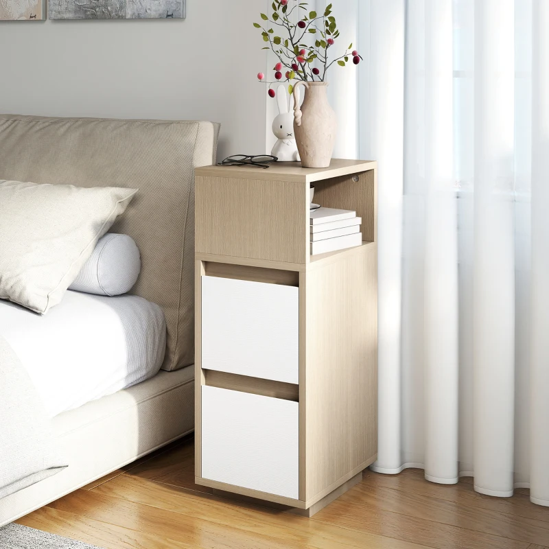 HOMCOM Slim Bedside Table, Narrow Bedside Cabinet with Open Shelf and 2 Drawers for Bedroom, Living Room, Natural Wood Finish