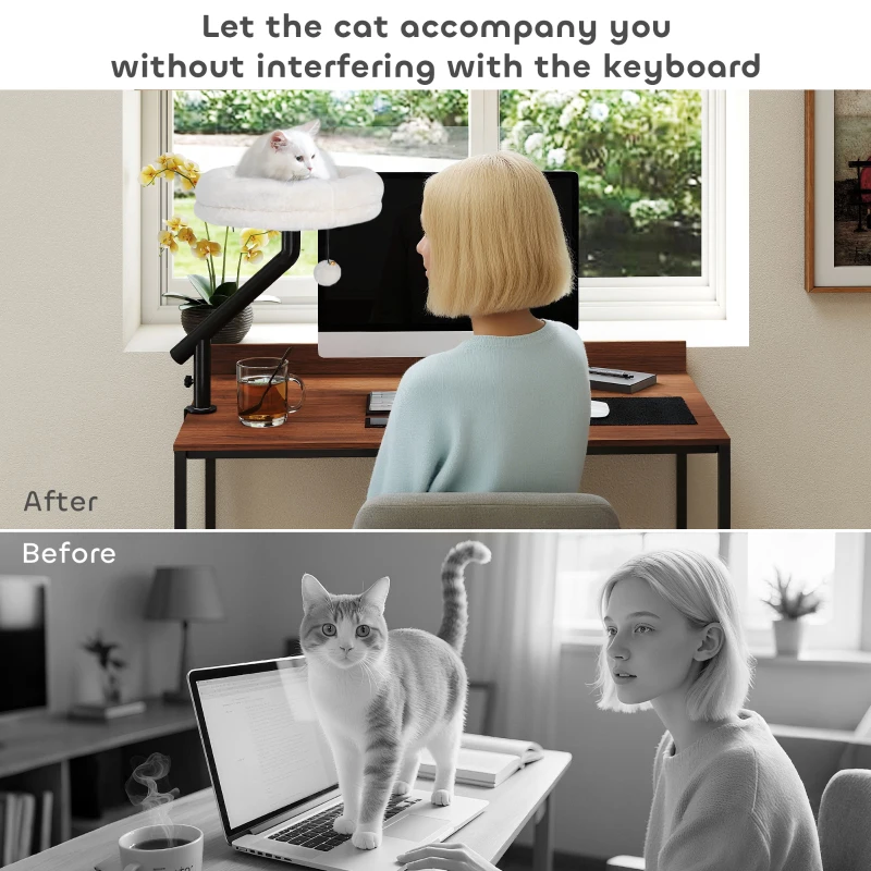 Łóżko biurkowe dla kota PawHut z obrotowym mechanizmem o 360°, regulowaną wysokością, leżanką z możliwością prania w pralce, dla kotów do 6 kg, kremowy