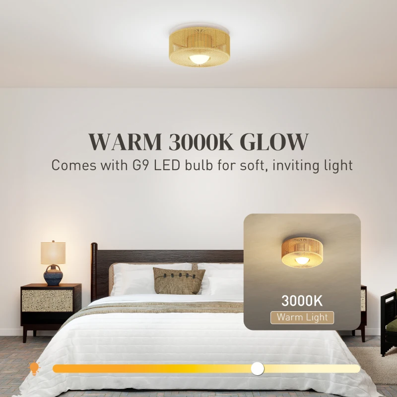 HOMCOM Lampa sufitowa, wisząca lampa boho z oprawką LED G9, okrągła lampa sufitowa z abażurem z liny konopnej, do salonu i sypialni, jasnobrązowa
