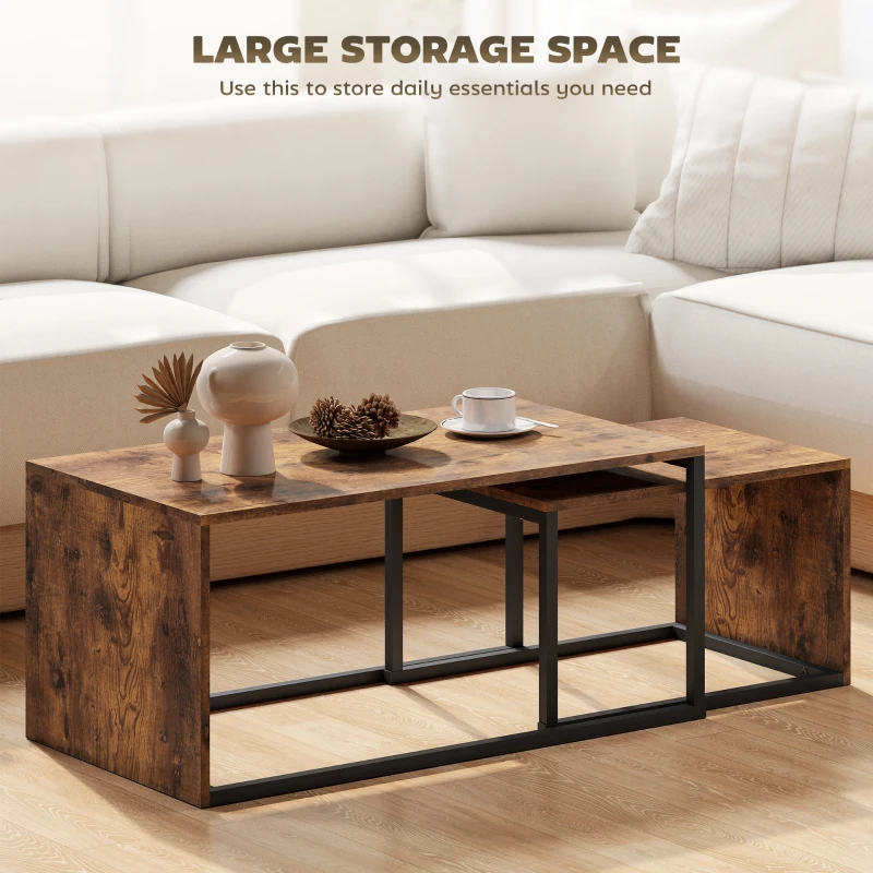 HOMCOM Zestaw 2 stolików kawowych, rustykalny brązowy, stolik do salonu i sypialni, metalowa rama, stolik na kawę