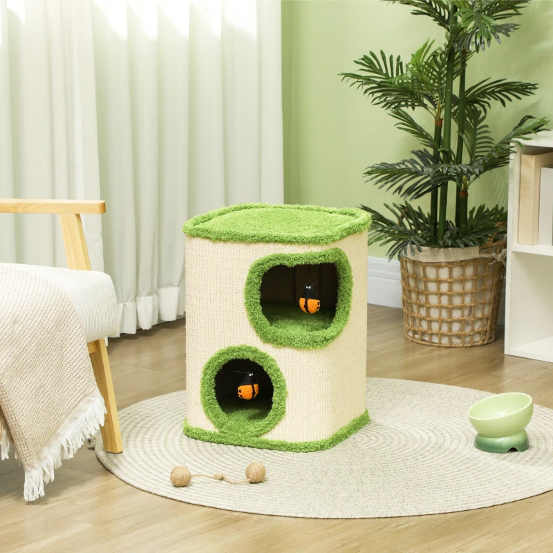 PawHut 52cm Cat Barrel Tower, 2 Story Cat Condo with Sisal Scratching Pad, Toy Ladybugs, Barrel Shaped Cat House Covered in Soft Plush, Green
