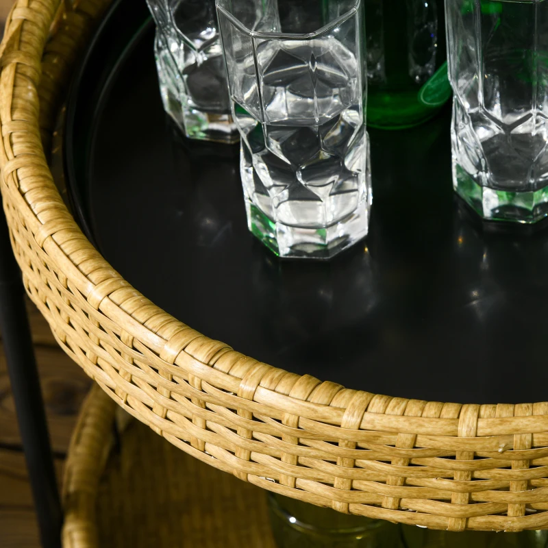 Outsunny Wózek Serwisowy Rattan Trolley z 2 Półkami, Wózek ogrodowy, Okrągły Wózek Kuchenny z Uchwytami, Wózek Barowy na Balkon, Konstrukcja ze Stali, Naturalny, Φ50 x 66 cm
