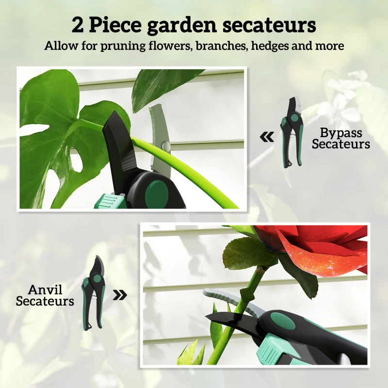 Zestaw narzędzi ogrodowych Outsunny 2 sztuki, Metalowe narzędzia ogrodowe z nożycami Bypass i Amboss, Zestaw do ogrodnictwa, Prezenty ogrodnicze dla kobiet i mężczyzn, Zielony+Czarny