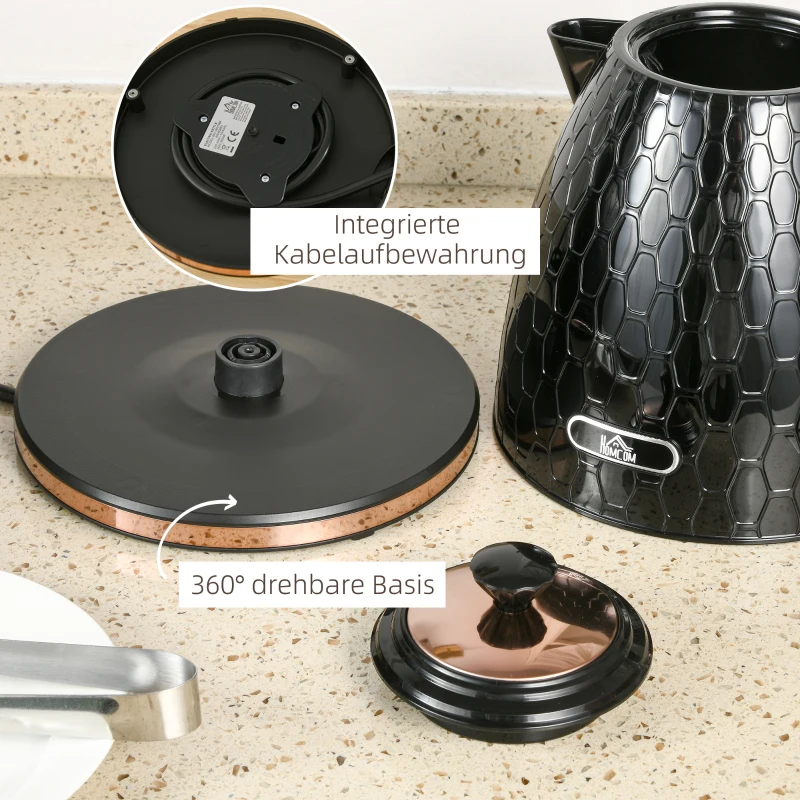 Czajnik HOMCOM ze Stali 1,7L Bez BPA, Elektryczny 2200W z Obrotową Podstawą 360°, Filtr Kalkowy, Wskaźnik Poziomu Wody, Automatyczne Wyłączanie i Ochrona przed Pracą na Sucho, Czarny