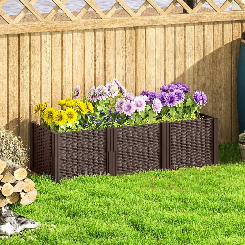 Outsunny Plastic Raised Garden Bed, Modular Planter Box Kit, Garden Fence Edging Border for Flowers, Vegetables, Herbs, Brown