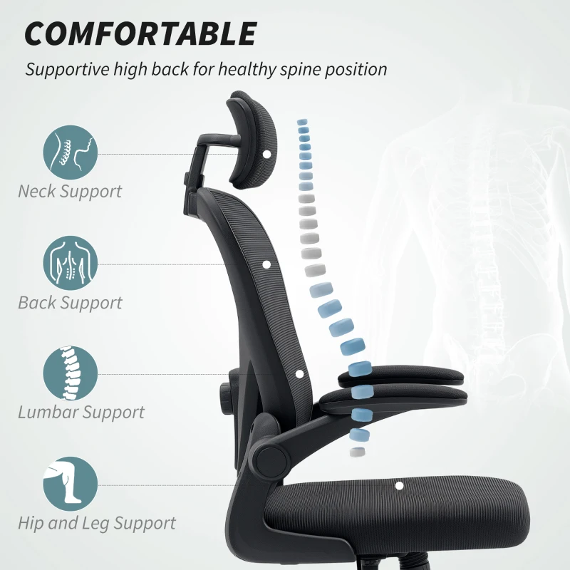 HOMCOM Executive Office Chair, Ergonomic Mesh High Back Desk Chair with Flip-up Armrest, Rotatable Headrest, Adjustable Lumbar Support, Swivel Computer Chair for Home Study, Black