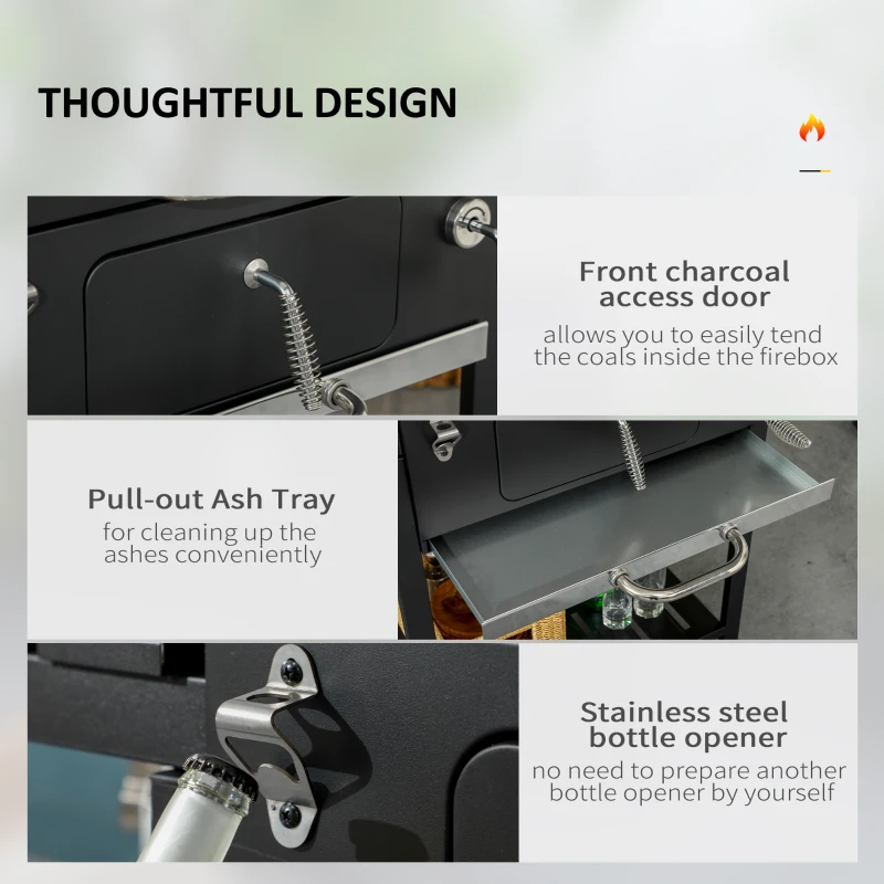 Outsunny Grill węglowy, Grill biwakowy z dwoma rusztami grillowymi, składane boczne stolik, wózek grillowy z półką, uchwyt do grilla, stal nierdzewna, czarny, 120 x 64 x 114 cm