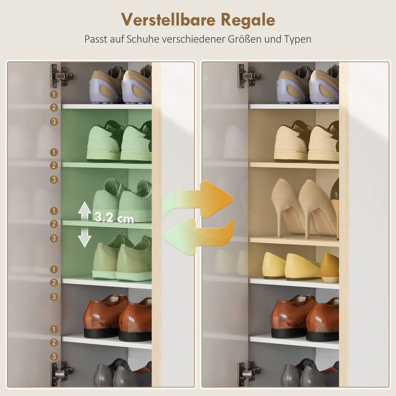 HOMCOM Shoe Cabinet with Quiet Safety Closure, 6-Tier Wooden Shoes Storage Cabinet with Handle-Free Design, 18 Pairs, for Entryway, Hallway, White High-Gloss Door and Wood Accent Top