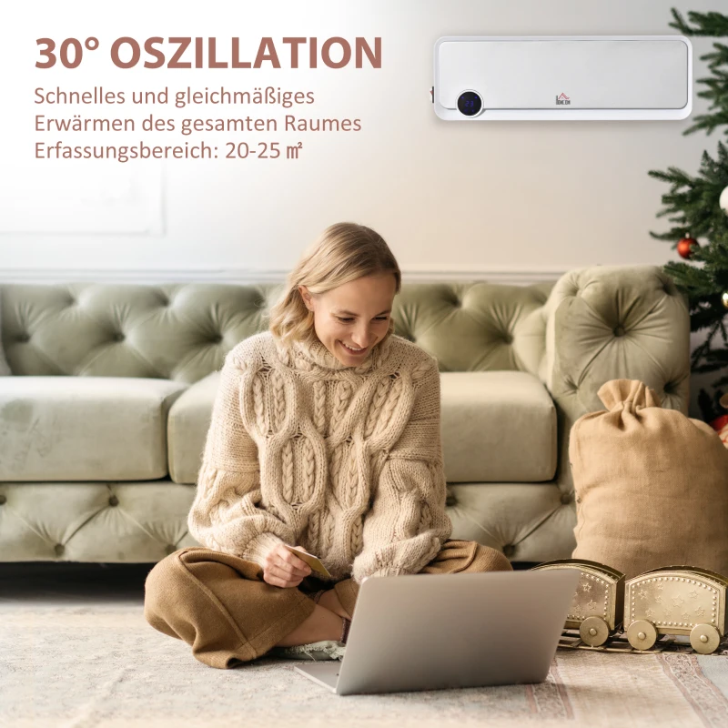 HOMCOM Grzejnik ścienny 2000W Ceramiczny grzejnik ścienny z pilotem zdalnego sterowania, 3 tryby pracy, wyświetlacz LED, Grzejnik ścienny z timerem 12h, Szybki grzejnik do salonu, sypialni, łazienki, biura