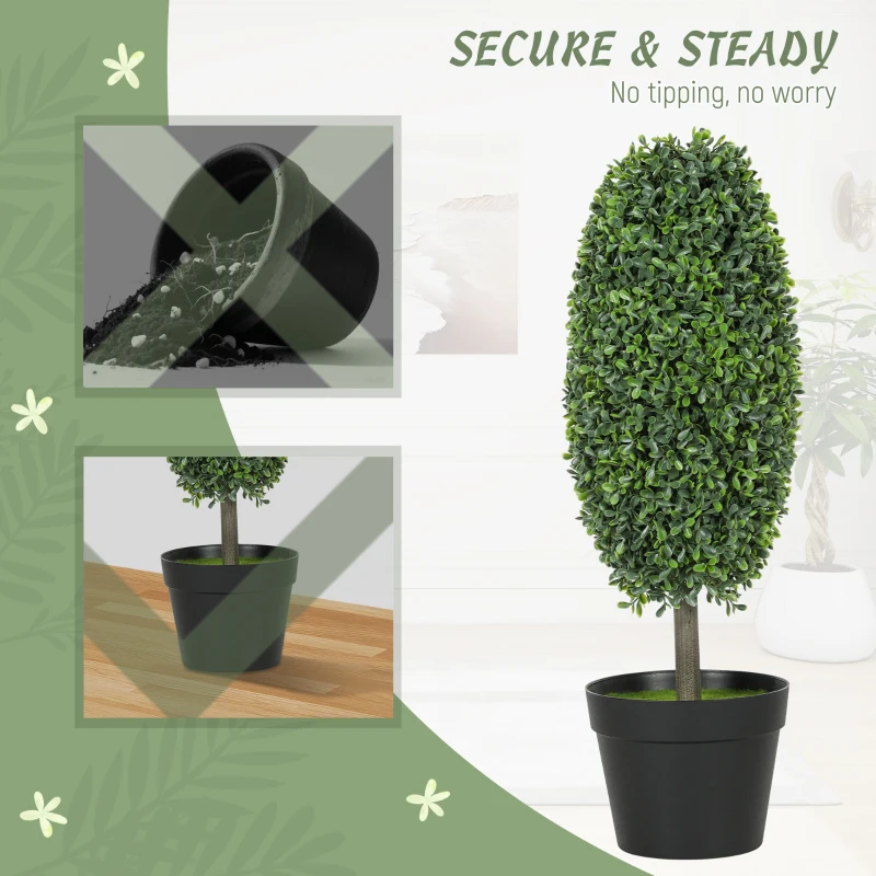 HOMCOM Set of 2 Decorative Artificial Plants, 60cm UV Resistant Faux Olive-Shaped Topiary with Plastic Pot and Flocking, Fake Plants for Indoor Outdoor Decor, Green