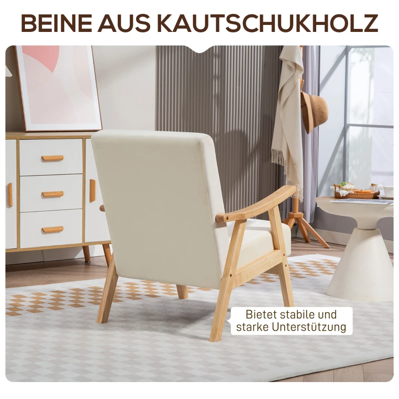 HOMCOM Nordic Accent Chair, Upholstered Velvet Armchair with Solid Wood Frame and Soft Thick Padded for Living Room, Bedroom, Cream White