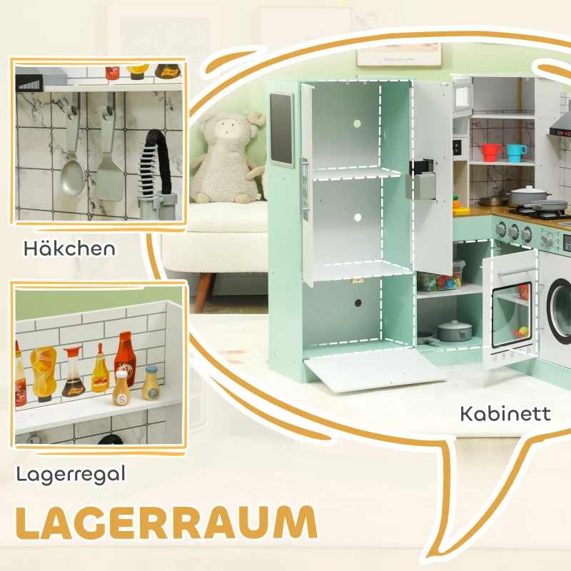 AIYAPLAY Kuchnia dziecięca, kuchnia do zabawy z tablicą, okap kuchenny, kostkarka do lodu, kuchenka mikrofalowa, piekarnik, lodówka, realistyczne efekty świetlne i dźwiękowe, przybory kuchenne, od 3