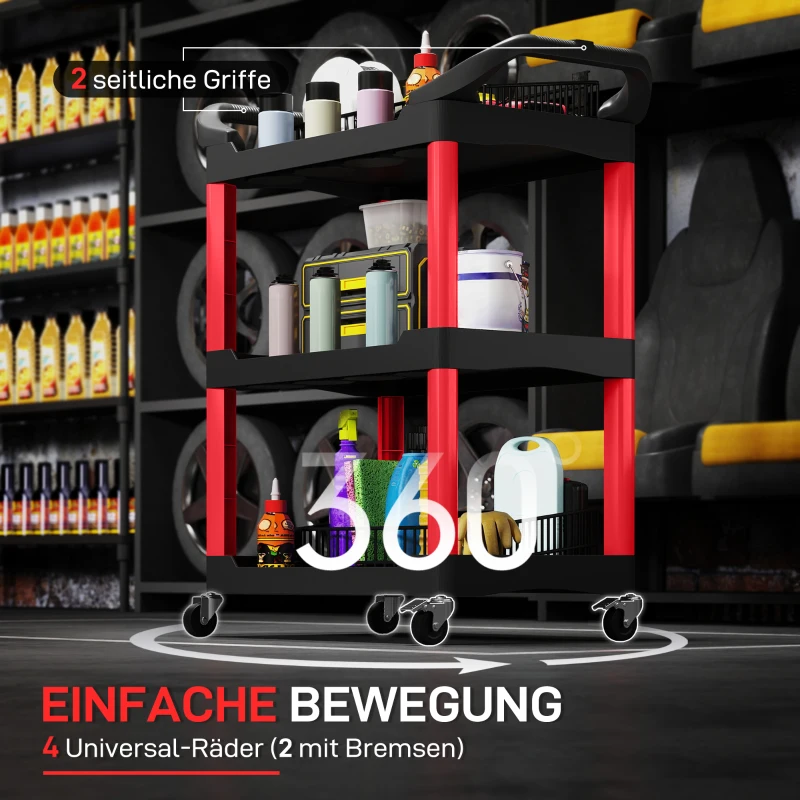 Wózek warsztatowy HOMCOM z 3 półkami, Wózek narzędziowy z uchwytami, Otwory na narzędzia, Wózek montażowy do garażu, Magazynu, Maks. 91 kg, Czerwony+Czarny