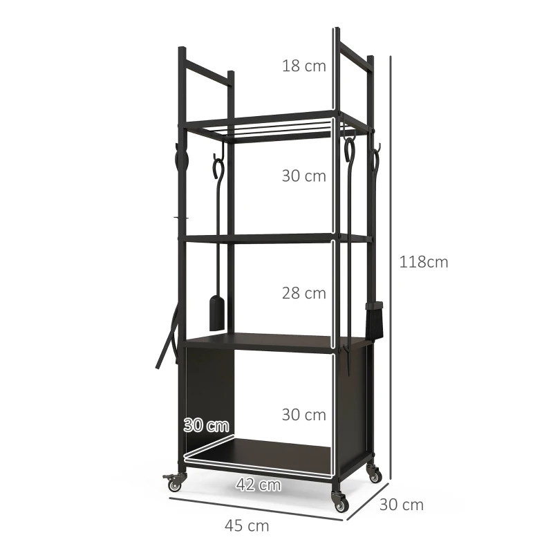 Outsunny Regał na Drewno Kominkowe 45 x 30 x 118 cm, Regał na Drewno z Kółkami, 4 Półki, do Użytku Zewnętrznego i Wewnętrznego, do 60 kg, Metal, Czarny