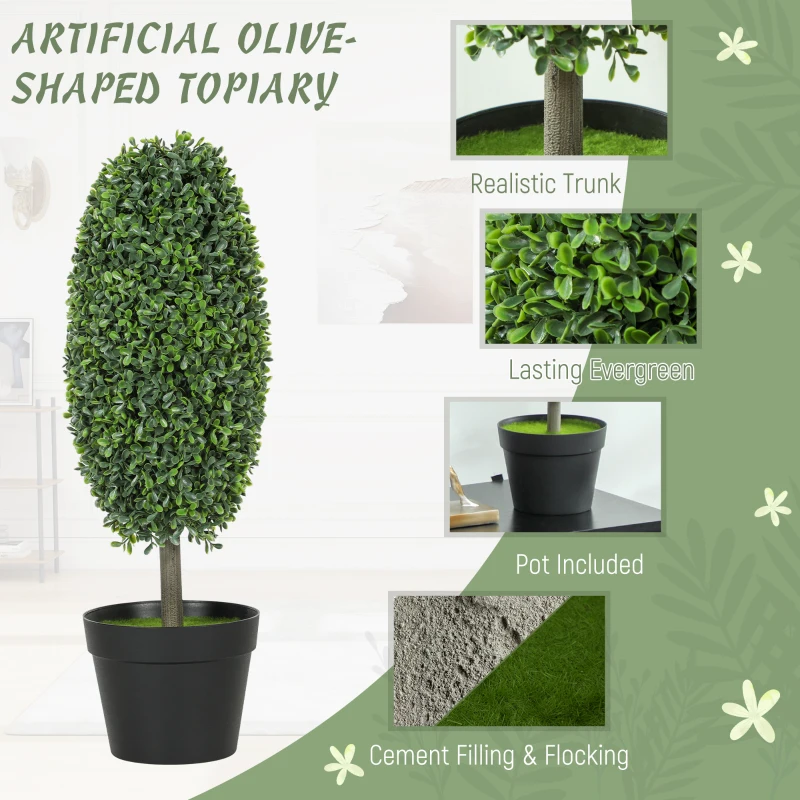 HOMCOM Set of 2 Decorative Artificial Plants, 60cm UV Resistant Faux Olive-Shaped Topiary with Plastic Pot and Flocking, Fake Plants for Indoor Outdoor Decor, Green