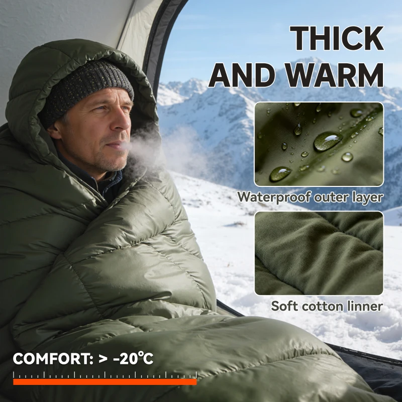 Outsunny Śpiwór kocowy do kempingu 3-4 pory roku dla dorosłych, składany, z torbą transportową, Małe wymiary pakowania, Śpiwór outdoor, Taft, Zielony