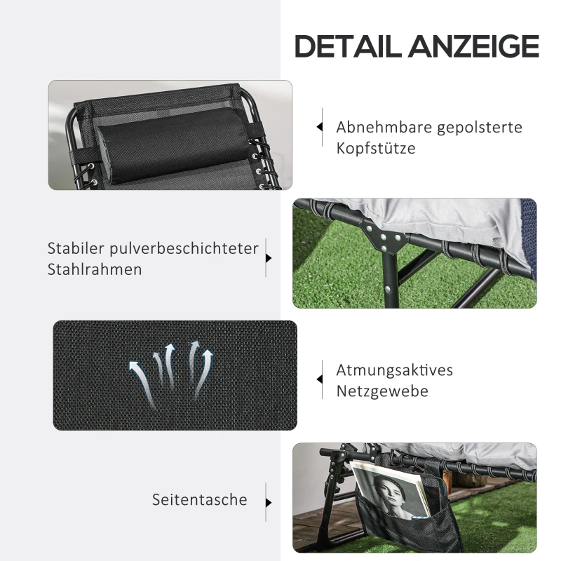 Outsunny Leżak ogrodowy, leżanka campingowa, łóżko polowe z torebką, regulowane składane łóżko z poduszką na głowę do ogrodu, balkonu, do 120 kg, Szary, Stal, Poliester, 58 x 189 x 32,5cm