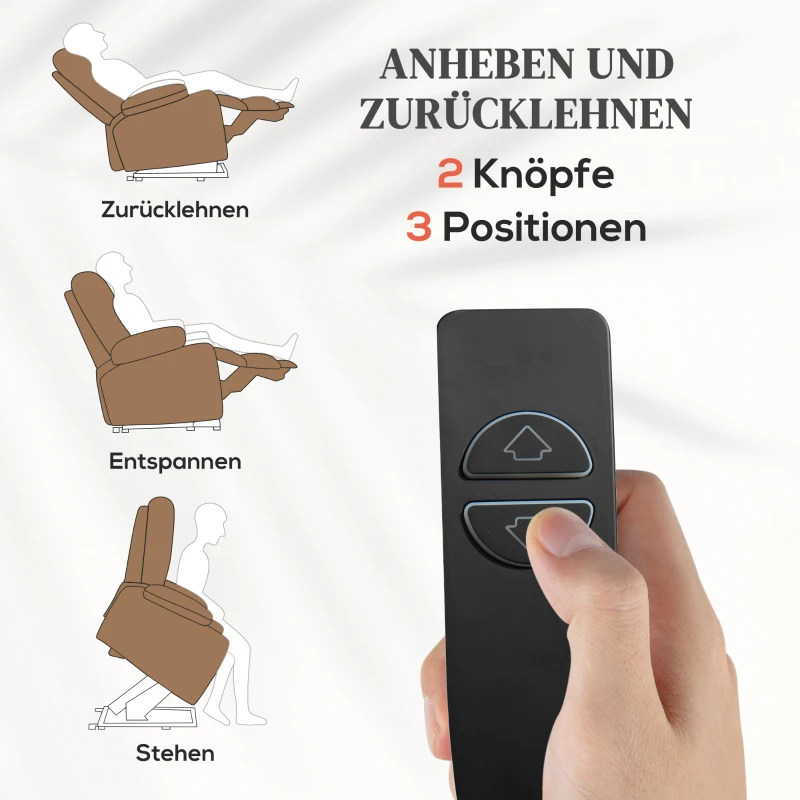 HOMCOM Fotel z funkcją podnoszenia elektryczny, fotel relaksacyjny z funkcją leżenia, funkcją ciepła i masażu, fotel TV z systemem sprężynowym, pilotem, kieszenią boczną i uchwytami na kubki, Brązowy