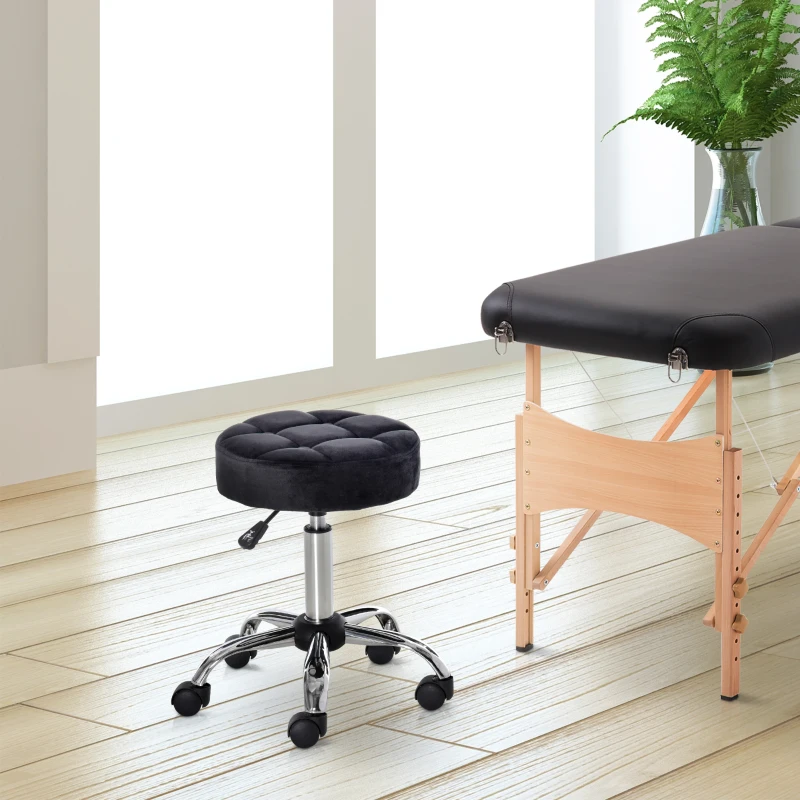 HOMCOM Stół Salonowy z Kółkami Taboret Regulowany Obrotowy Salon Hocker Samt-Touch Pianka Chromowana Podstawa Czarny 35 x 35 x 49-61 cm