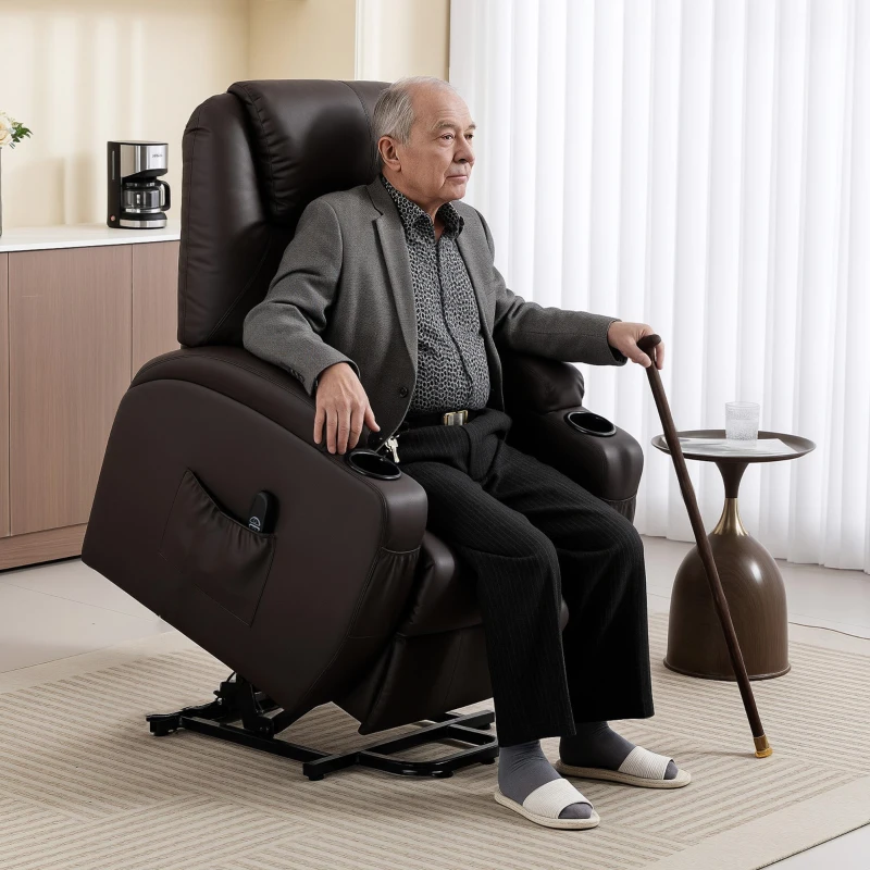 HOMCOM Opsta-fauteuil, relaxfauteuil met opsteunfunctie, incl. afstandsbediening, bekerhouder, verstelbare rugleuning, bruin