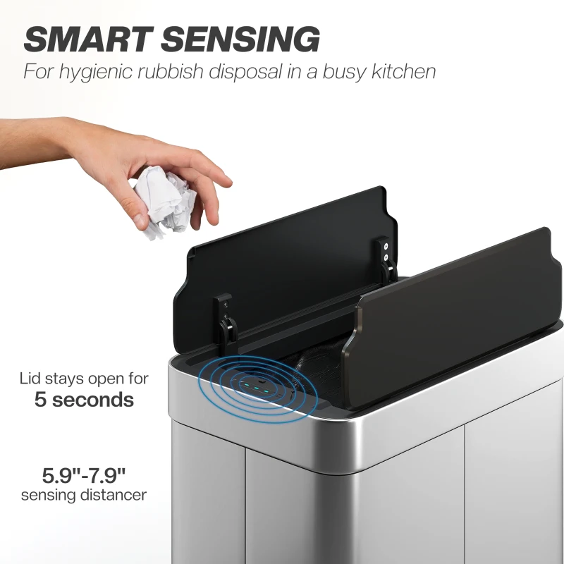 HOMCOM Kosz na śmieci 55L z sensorem, cichy motylkowy pokrywa, kosz na śmieci kuchenny z bezdotykowym czujnikiem ruchu, ze stali nierdzewnej odpornego na odciski palców, do kuchni siłowni biura, Srebrny