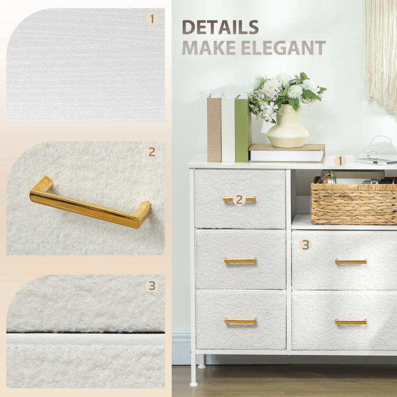 Komoda HOMCOM, szafka z 8 szufladami z tkaniny, listwa zasilająca, stalowa rama, dla korytarza, sypialni, salonu i biura, kremowy