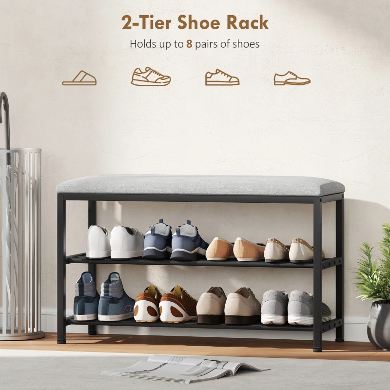 HOMCOM Ławka Obuwnicza z Siedziskiem, Ławka z Miejscem do Przechowywania, Regał na Buty z 2 Otwartymi Półkami, Ławka, Bank, Ławka do Przedpokoju dla Salonu, Korytarza, 81 x 31 x 50 cm Czarny
