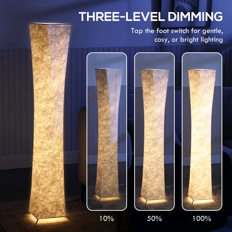 HOMCOM LED Lampa podłogowa do salonu, ściemnialna, z abażurem o wyglądzie papieru, ciepła biel, 3 poziomy jasności, lampa stojąca z przełącznikiem nożnym do sypialni, biura