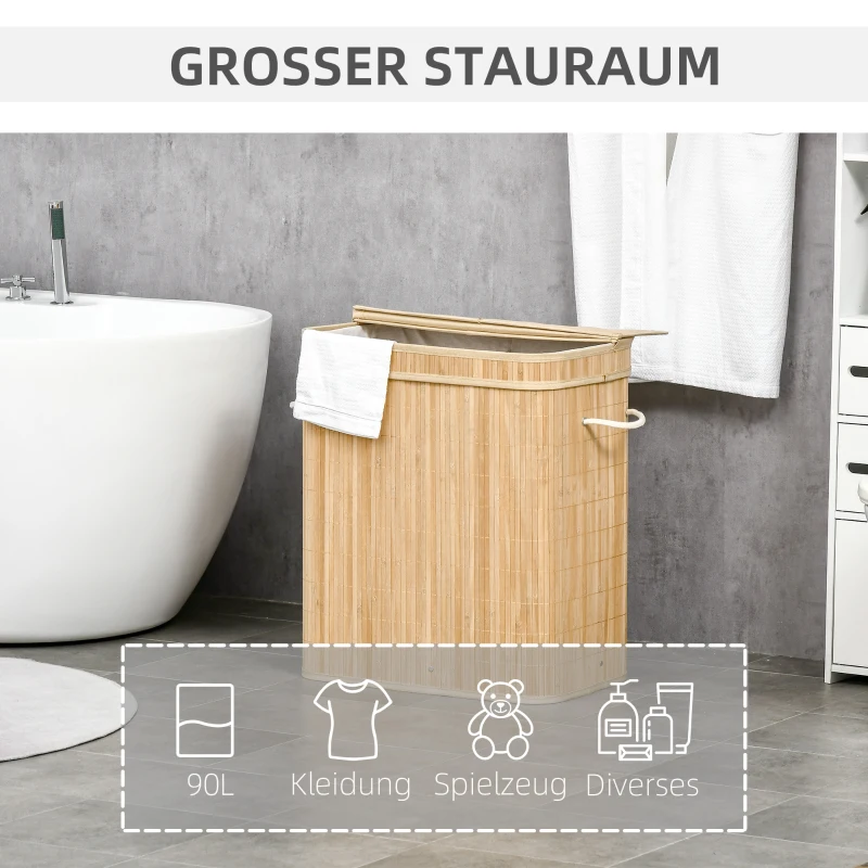 Składany kosz na pranie z bambusa, 90 L, z pokrywą