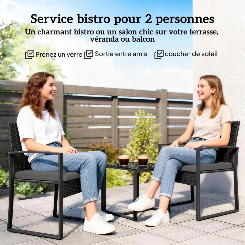 Outsunny Salon de jardin extérieur en résine tressée 2 personnes, table de jardin avec 2 chaises, plateau en verre trempé, noir