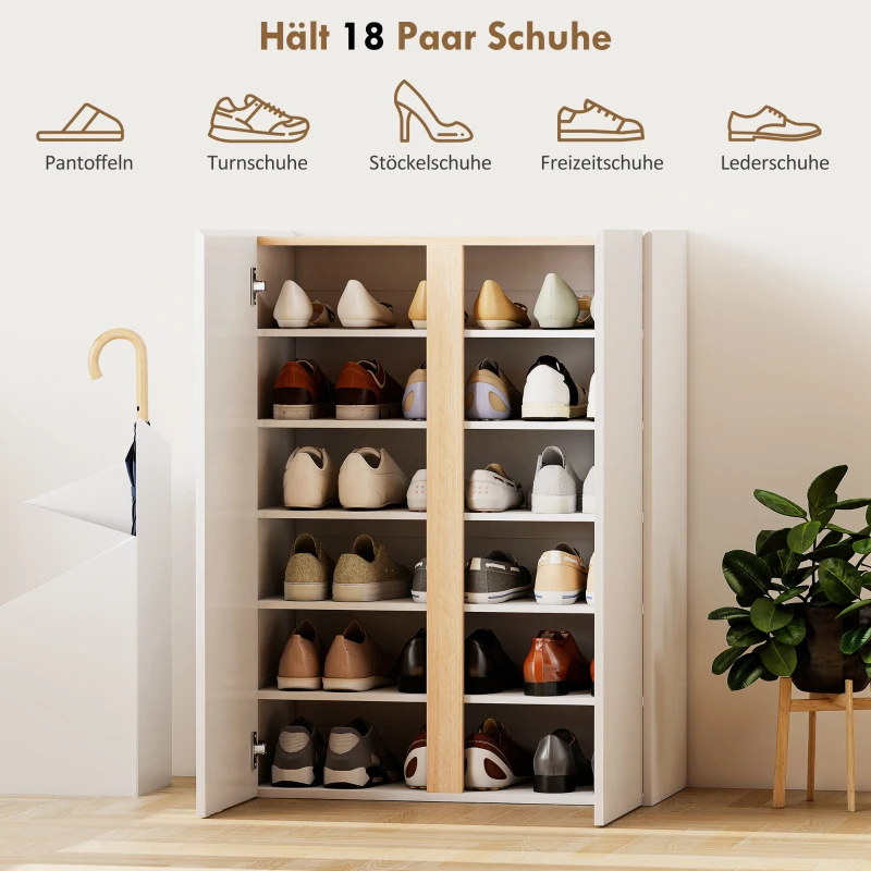 HOMCOM Shoe Cabinet with Quiet Safety Closure, 6-Tier Wooden Shoes Storage Cabinet with Handle-Free Design, 18 Pairs, for Entryway, Hallway, White High-Gloss Door and Wood Accent Top