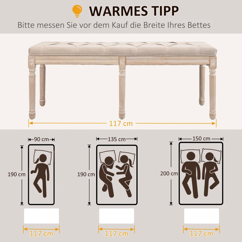 HOMCOM End of Bed Bench, French Vintage Linen Upholstered Bench with Button Tufted, Thick Padding and Wood Legs, Bedroom Bench for Hallway, Living Room, Beige