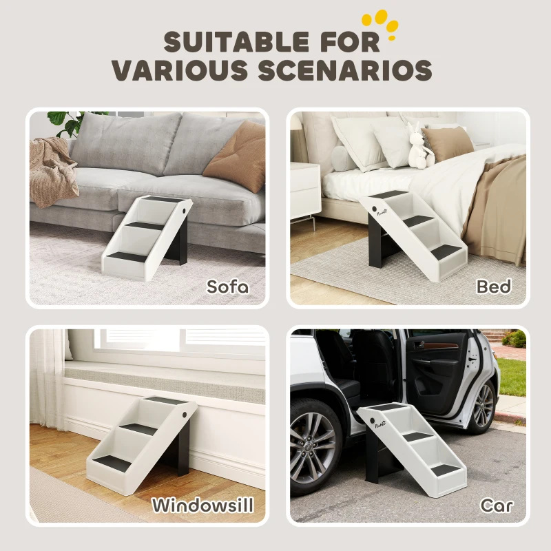 PawHut Foldable Dog Stairs with 3 Non-Slip Steps, Portable Pet Stairs for Small Dogs and Cats for High Beds or Sofas, Supports up to 10 kg, Cream White