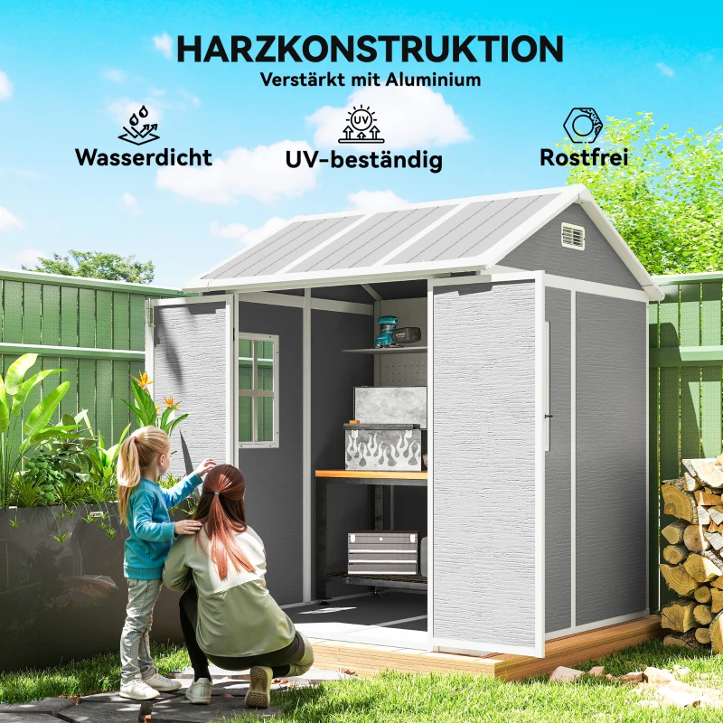 Outsunny 6 x 6ft Garden Shed, Plastic Shed with Floor, Window, Lockable Doors and Vents, Resin Tool Shed for Outdoor Patio, Grey