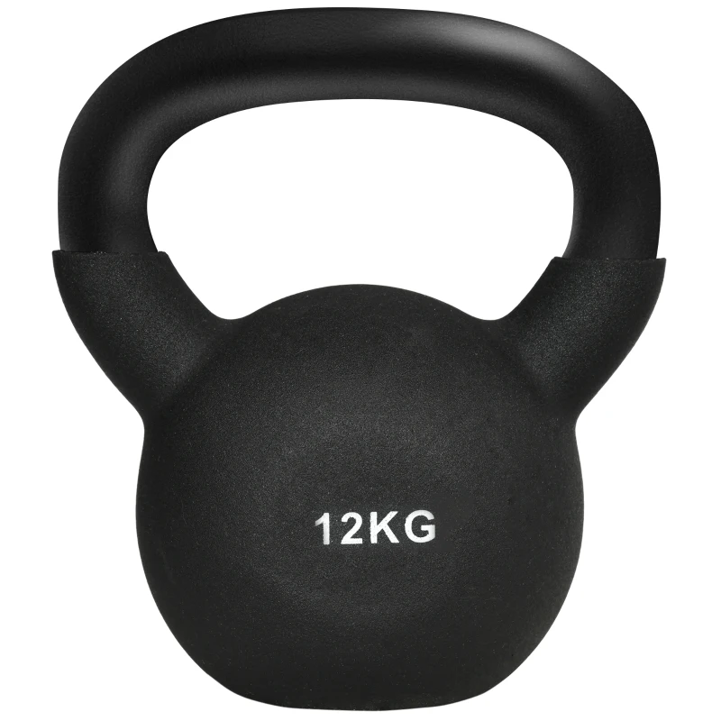 HOMCOM Kettlebell 12 KG z żeliwa z powłoką neoprenową, Hantla do treningu siłowego, kondycyjnego i Rdzenia, Z osłoną chroniącą podłogę, Czarna