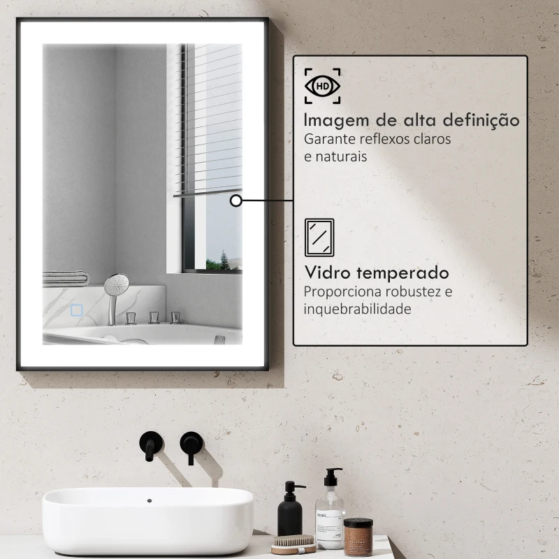 HOMCOM Espelho Casa de Banho com Luz LED 70x50 cm Iluminação Ajustável Função Anti-Embaciamento Função Memória  Preto