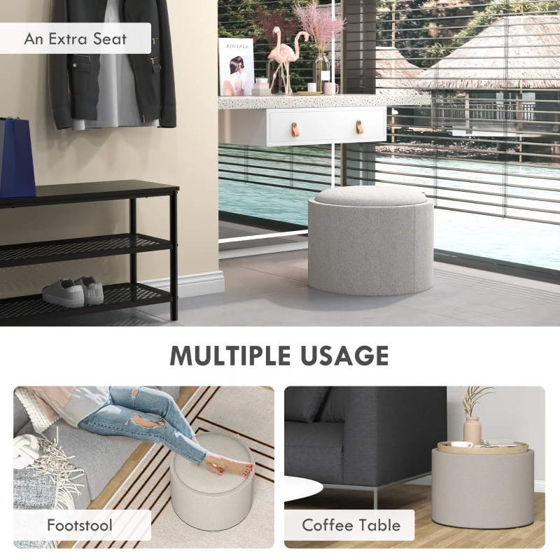 HOMCOM Taboret z miejscem do przechowywania, okrągły taboret z klapą, 56 x 42 x 42 cm, tapicerowany taboret w wyglądzie lnu, do salonu, sypialni, jasnoszary