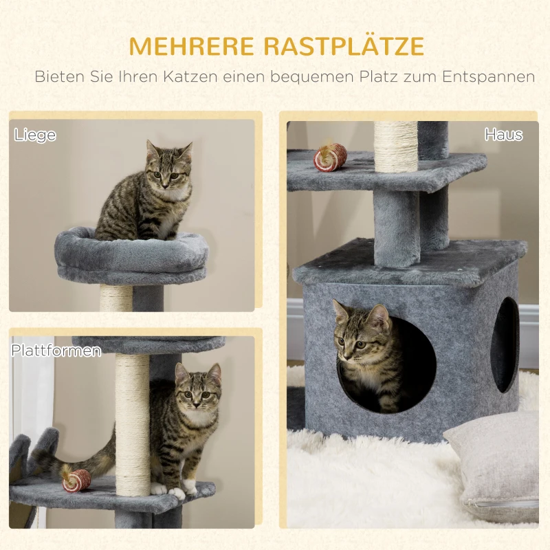 PawHut Drapak 83W cm Drapak dla kotów z deską do drapania i kocim domkiem Drzewko do wspinaczki z platformami Deską do drapania z sizalem Zabawką do zabawy Piłką do gry Dla kota Plush Szary + Kremowy