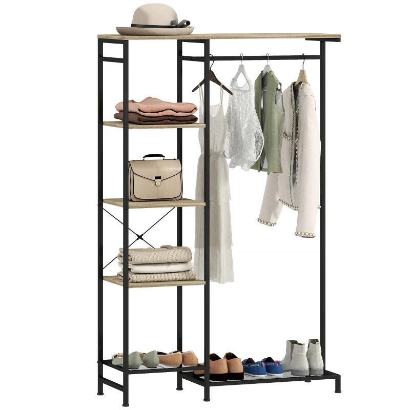 HOMCOM Freestanding Coat Rack Stand, Modern Hall Tree with Clothes Rail, Mesh Shoe Rack and Metal Frame for Hallway, Living Room, Bedroom, Oak and Black
