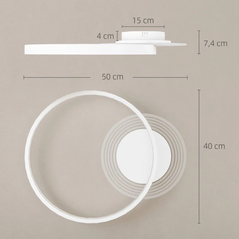 HOMCOM Lampa sufitowa, oświetlenie sufitowe z dwupierścieniowym designem, 3 kolory światła 3000K/4000K/6500K, okrągłe oświetlenie do sypialni salonu 50 x 40 x 7,4 cm, Białe