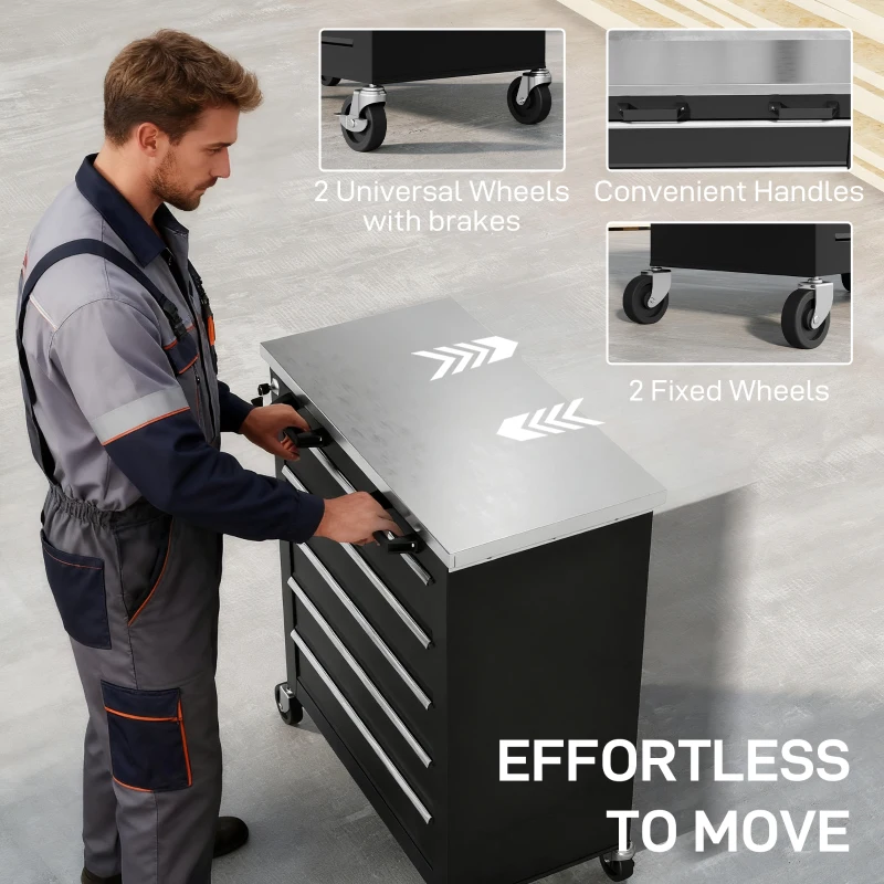 HOMCOM Wózek warsztatowy z 5 szufladami, pusty wózek narzędziowy zamykany włącznie z blatem roboczym ze stali nierdzewnej, 2 klucze & maty EVA Szafka narzędziowa na kółkach, hamulce Czarny