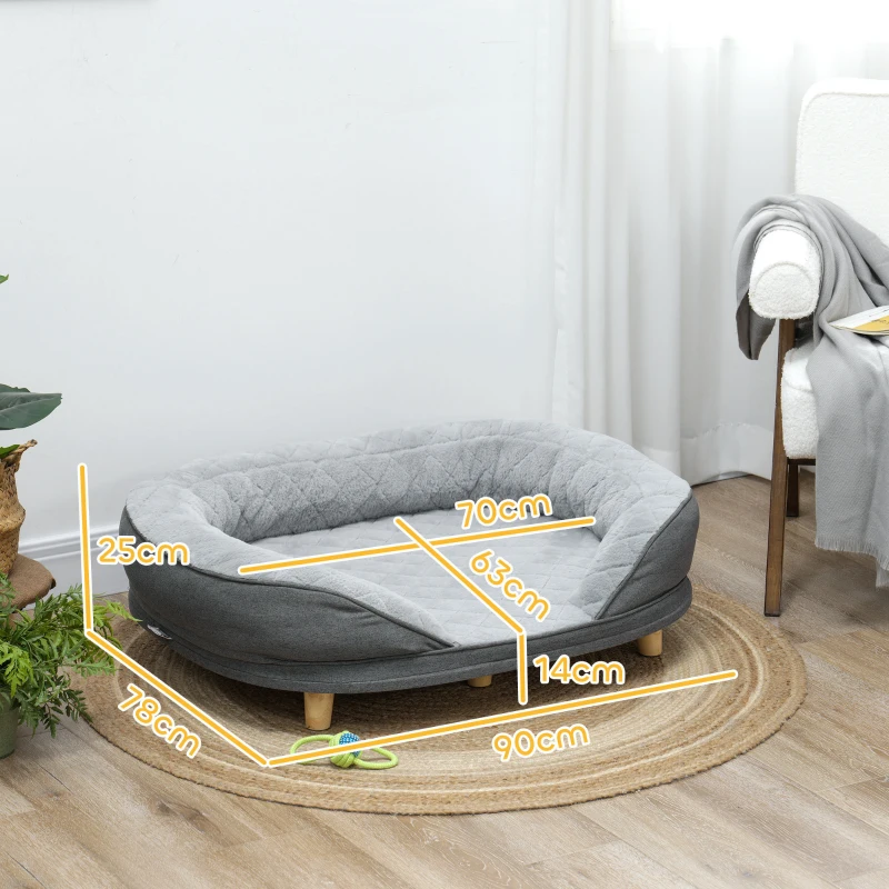 PawHut Raised Dog Sofa with Detachable Top, Cat Sofa with Padded Sides, Elevated Pet Bed with Anti-Slip Feet, Wooden Feet for Large and Medium Dogs - Grey