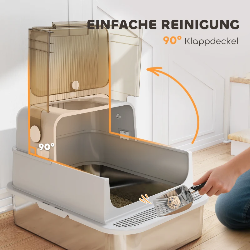 PawHut Kuweta dla kota ze stali nierdzewnej z pokrywą XXL, z podwójnymi drzwiami, łopatką, pedałem, wysuwaną tacą, łatwa w czyszczeniu, odporna na zapachy dla dużych kotów do 20 kg, 70x50x46,5cm, Szara