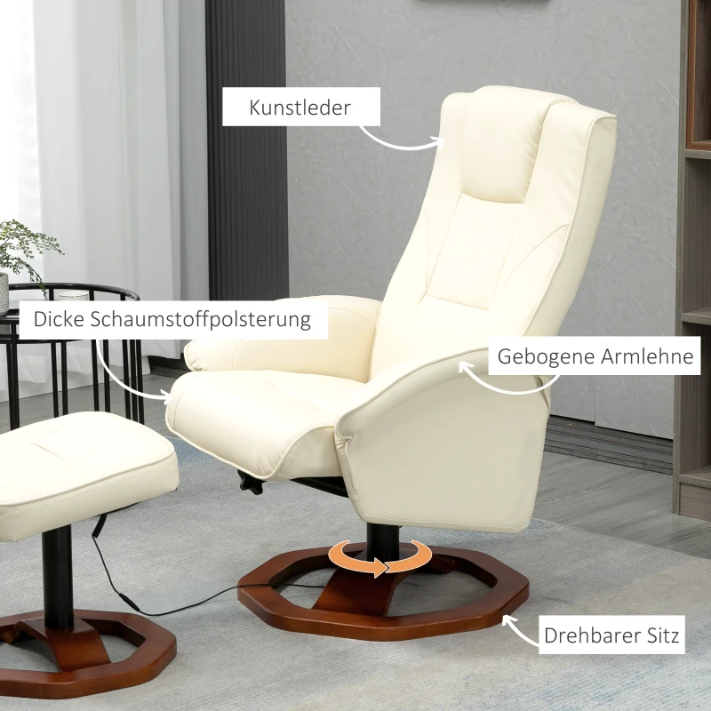 HOMCOM Fotel masujący z podnóżkiem, leżanka z funkcją masażu, 360° obrotowy fotel telewizyjny, skóra ekologiczna kremowa + brązowa 73 x 83 x 106 cm