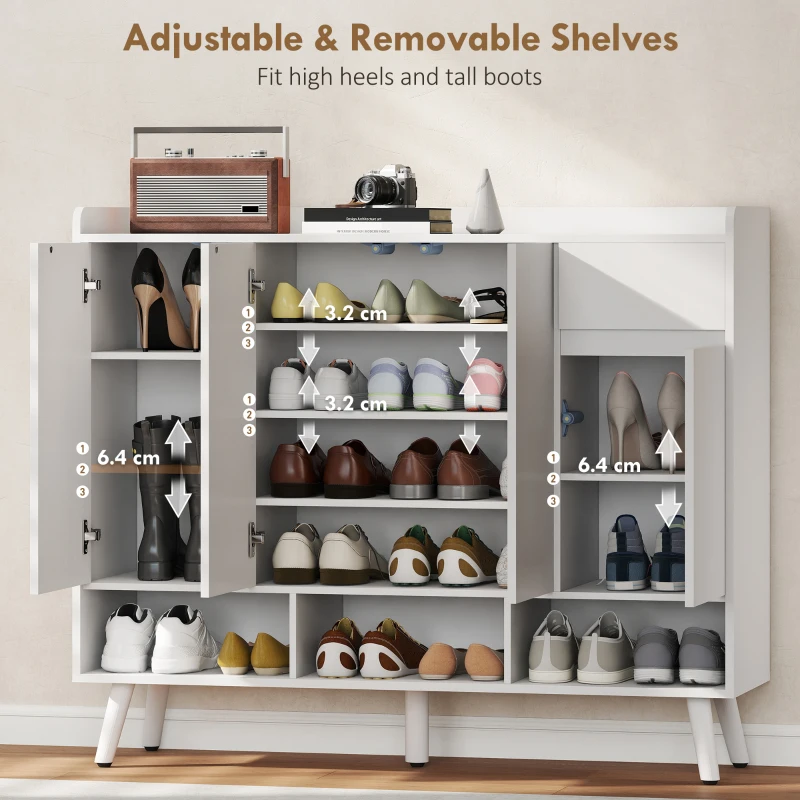 HOMCOM Szafka na Buty z 4 Drzwiami, Design Otwierania na Naciśnięcie, Regulowane Półki, Szuflada, Białe Drewniane Nogi, 120 x 35 x 100 cm, Biały